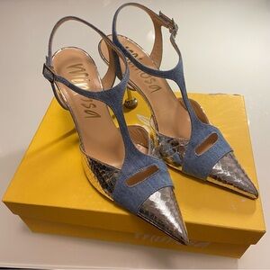 Mimosa Silver Chrome Embossed Leather Snakeskin Denim Heels Size 7